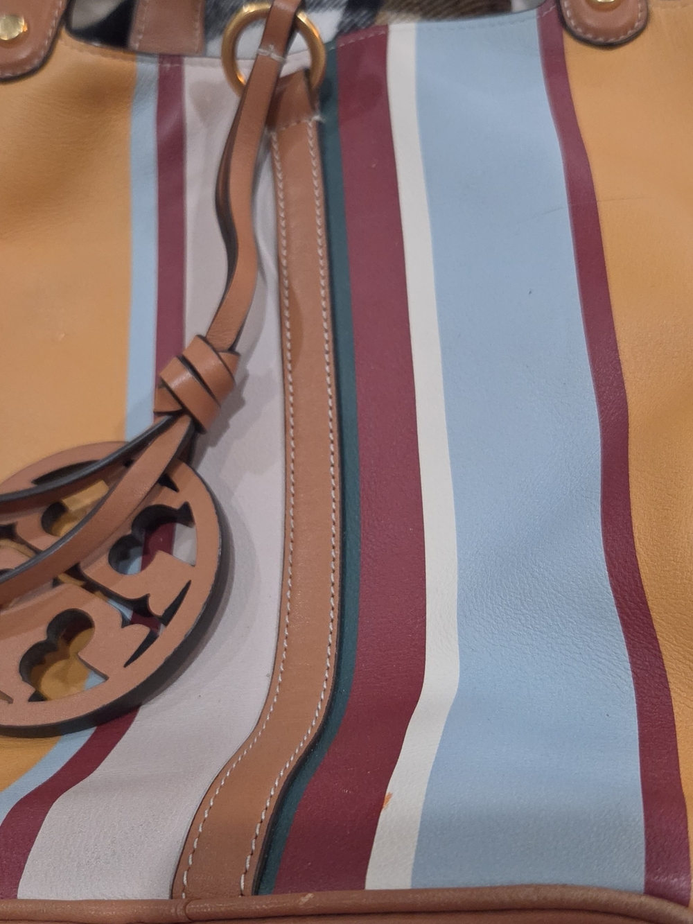 Tory Burch Striped Leather Tote in Blue, Mustard, Burgundy and Tan